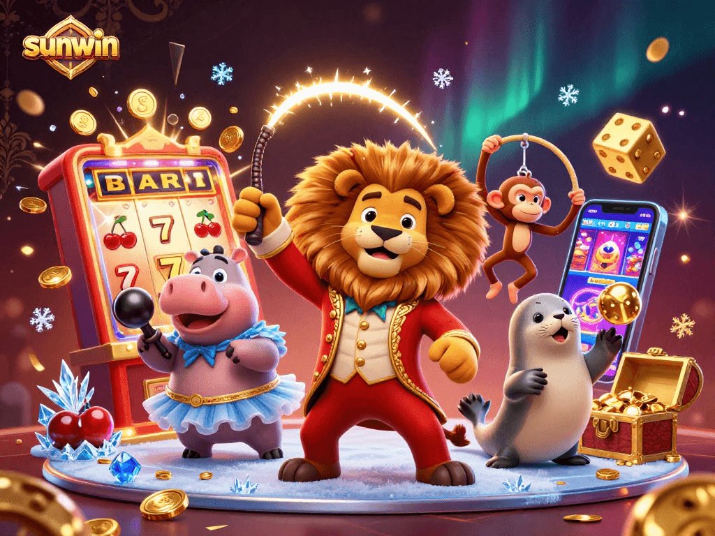 Play exciting games at sunwin, featuring vibrant circus characters and a slot machine jackpot!