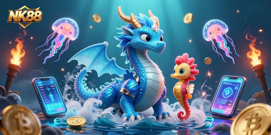 Bet on exciting games at NK88 with the dazzling 3D dragon and seahorse in a vibrant underwater casino scene.