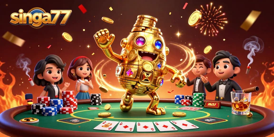 Experience thrilling gameplay with the singa77 golden golem and vibrant poker elements in a rich casino scene.