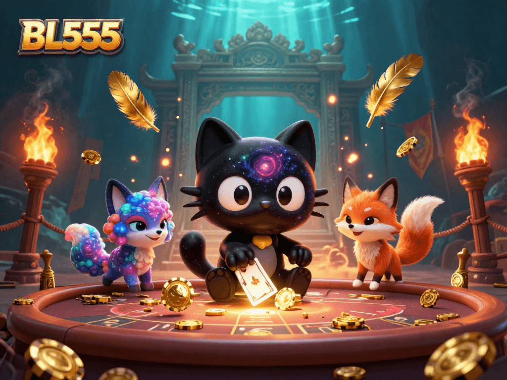 Experience the cosmic charm of BL555 as the black hole cat pulls in golden chips at a cosmic casino.