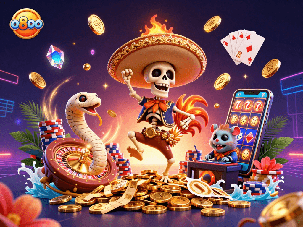 Spin and win with vibrant o8oo characters including a dancing rooster, mummy snake, and DJ hamster in a casino scene.