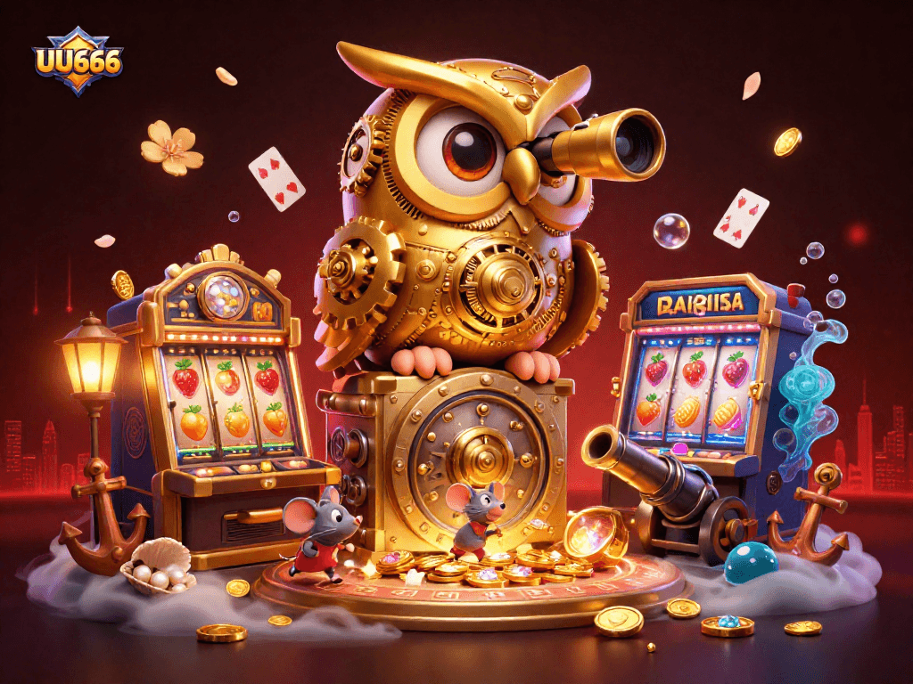 Experience the excitement of UU666's online casino features with a golden owl surveying the game floor.