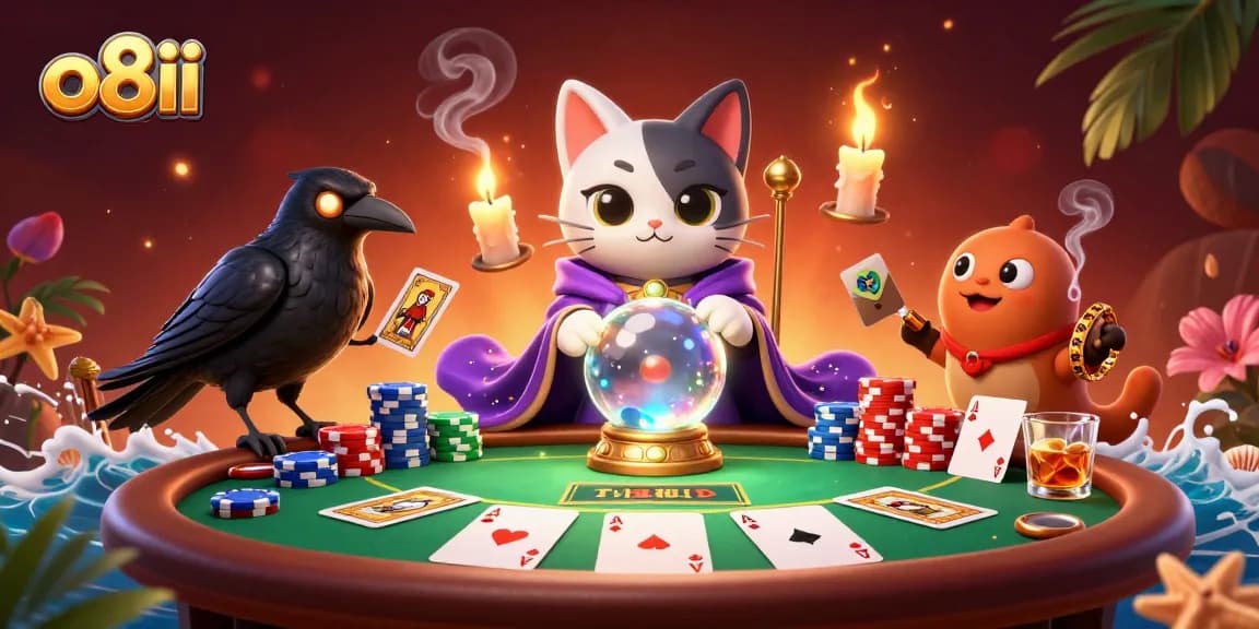 Engage with o8ii's thrilling poker scene featuring dynamic characters and vibrant casino elements.