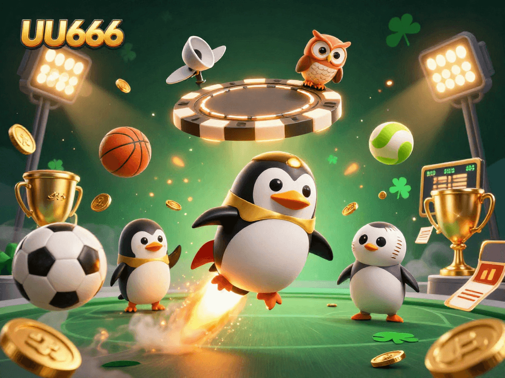 Experience thrilling gaming at UU666 with a golden penguin racing to a casino space station amidst sports elements.
