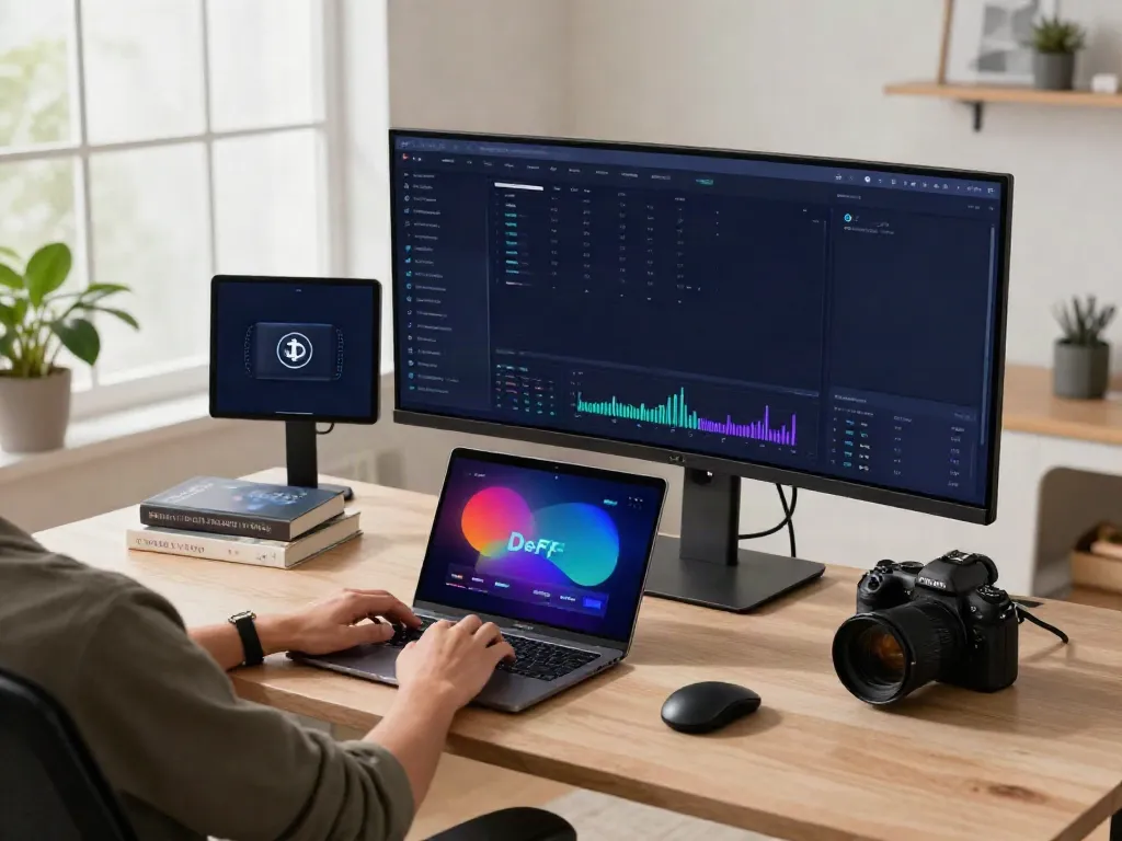 Durov2 cryptocurrency trading environment with advanced monitoring tools, laptop and devices highlighting blockchain innovation.