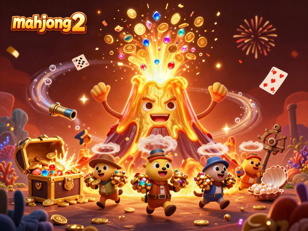 Engage in mahjong 2 adventures with vibrant treasures erupting from a golden volcano illustration.