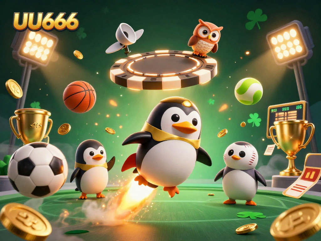 Experience thrilling gaming at UU666 with a golden penguin racing to a casino space station amidst sports elements.