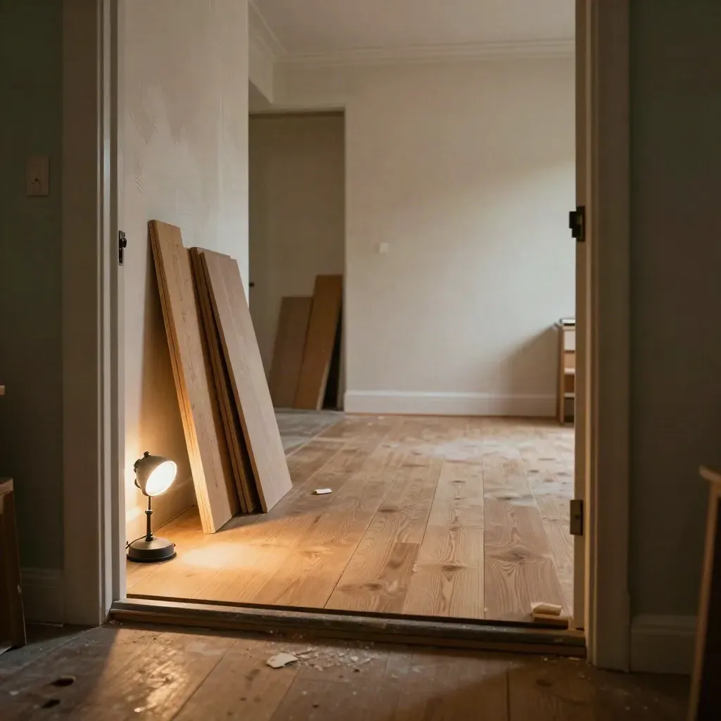 Stripped buy-to-let room with plaster walls, oak boards, skirting, and a work light.
