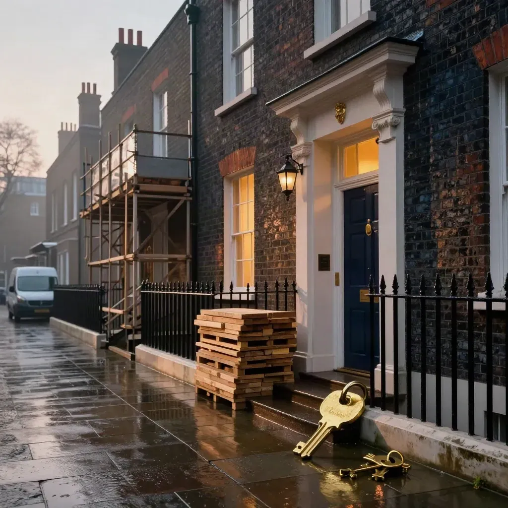 Victorian townhouse with keys, scaffold and wet street at dawn, ready for auction morning.