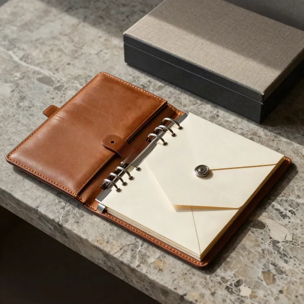 Finance application pack on a stone console with wallet, envelopes, clips, and a sealed box.