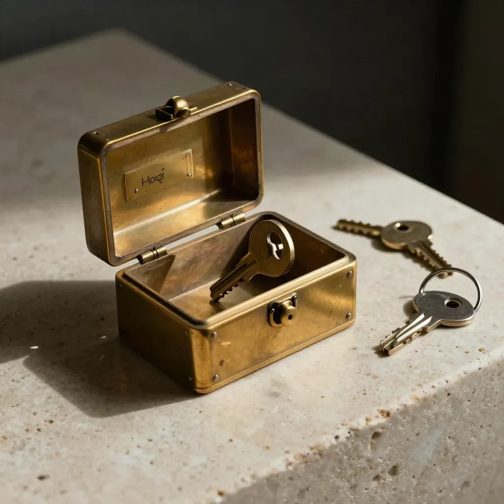 Brass key settling into a small lockbox beside two unmatched keys and a blank house plaque.