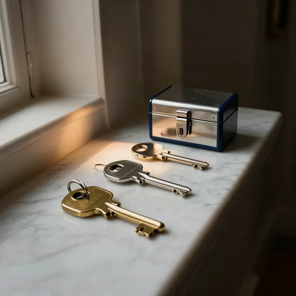 Three keys lead to a lockbox on a marble sill in moody warm light.