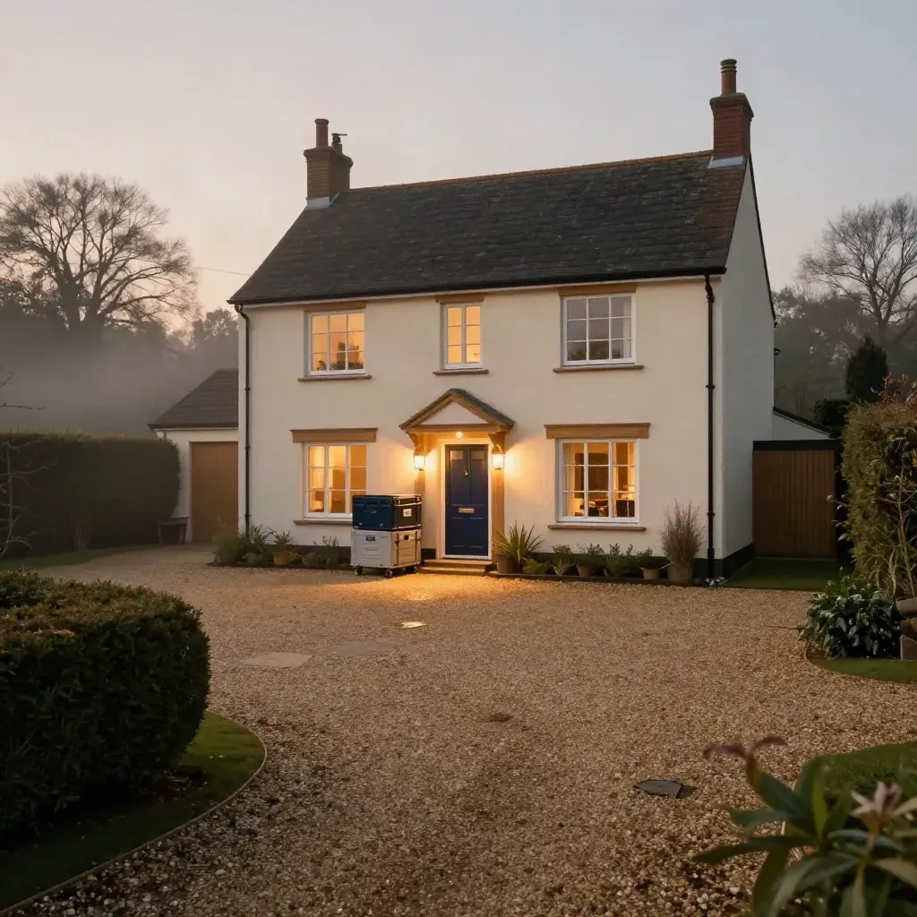 Surrey detached home with open drive, moving crates by the door and warm lights glowing inside.