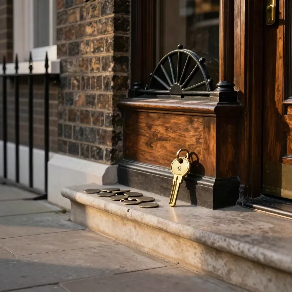 Terraced house frontage with brass key ring and stone tokens on a travertine console.