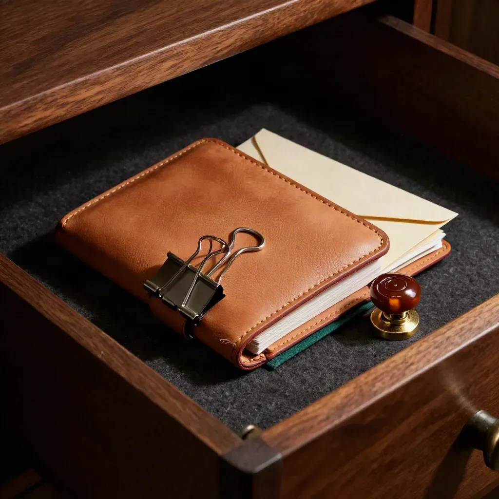 Leather file wallet, binder clips, envelope and wax seal in an archive drawer