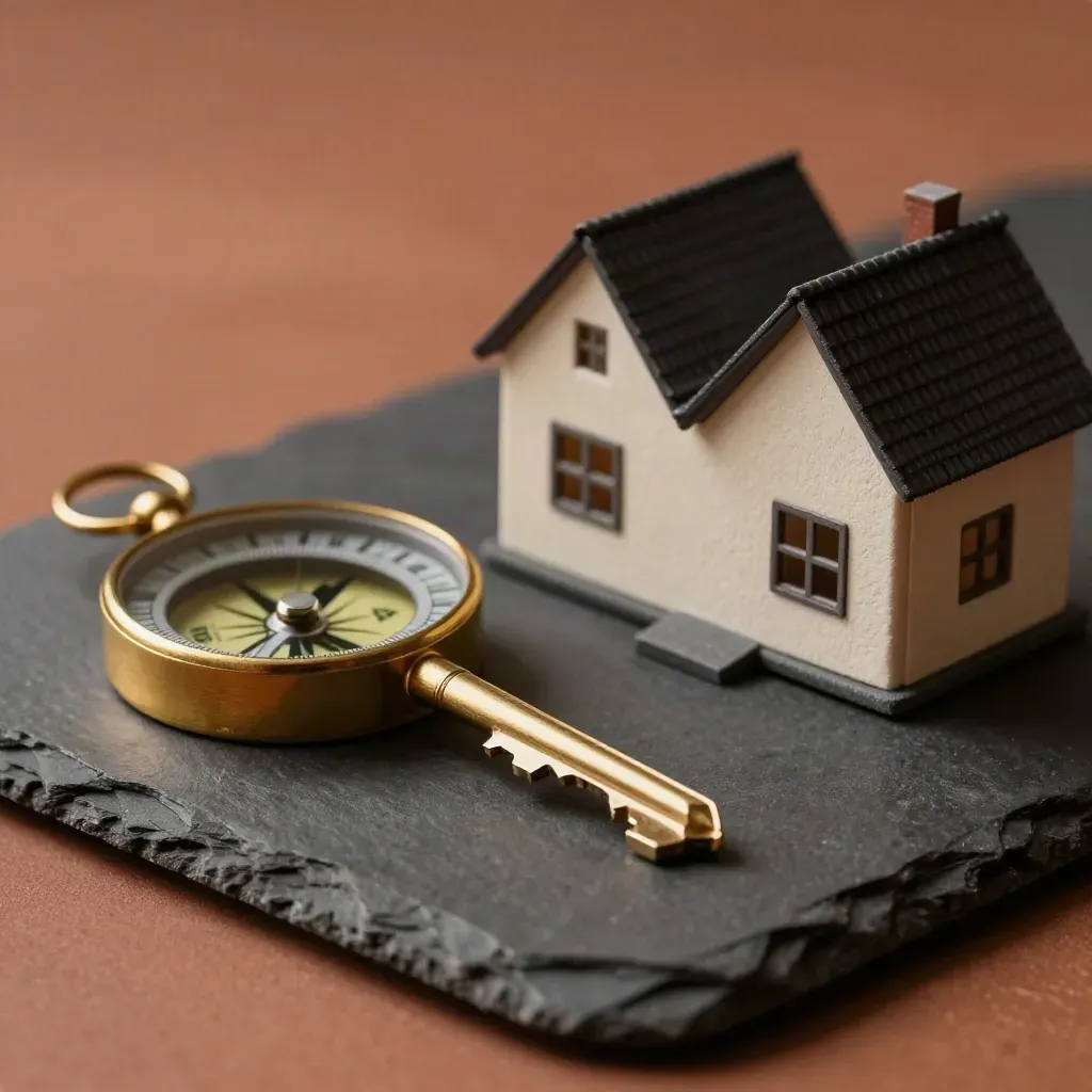 Brass compass, house key and two-home model on a slate tray in soft daylight.