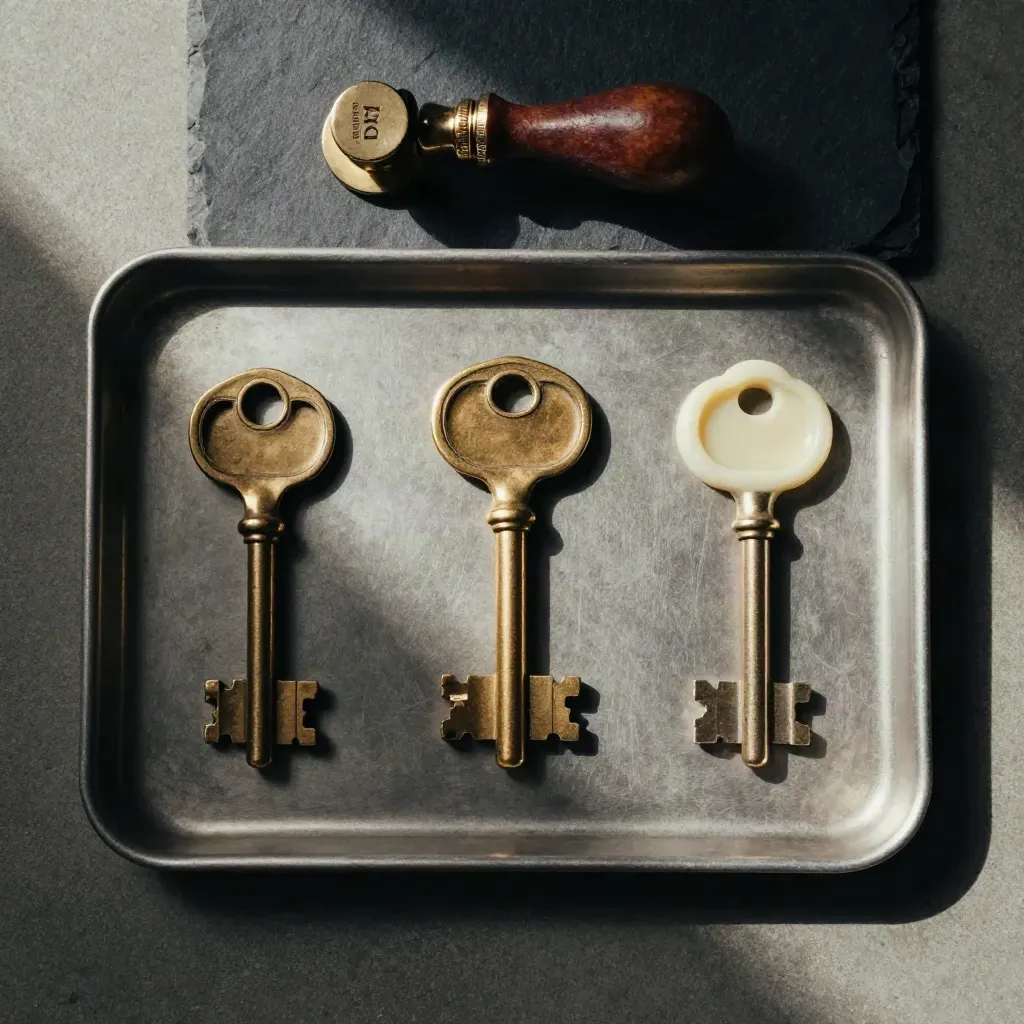 Overhead still life of brass lender keys in a metal tray with a blank seal puck on concrete.