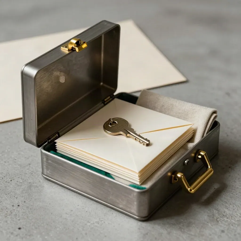Open lockbox with house key and blank envelopes in a brushed tray on stone