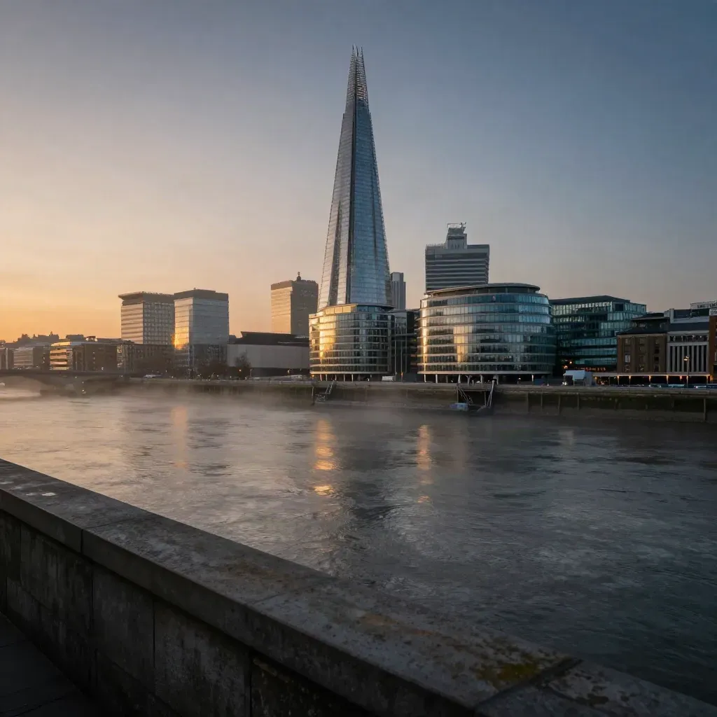 Blue-hour London skyline with The Shard, Canary Wharf and the calm Thames under haze