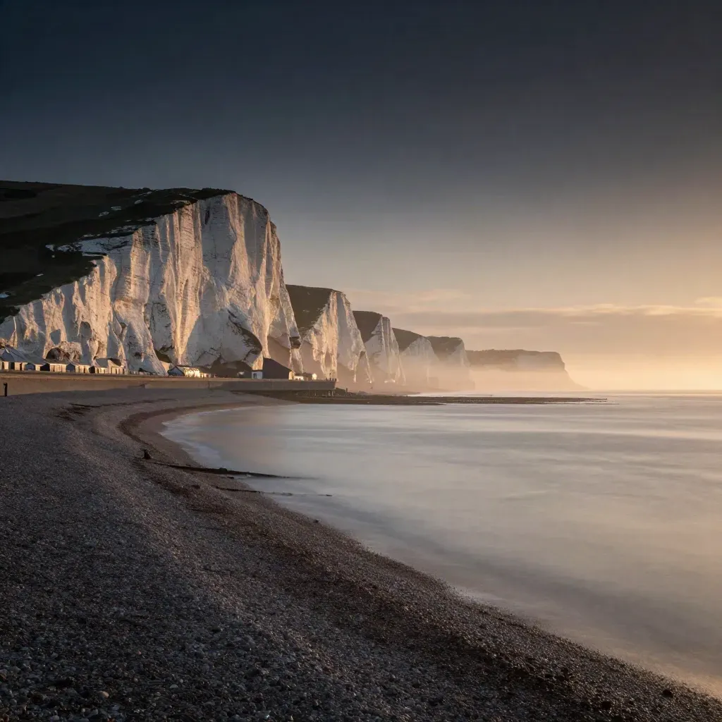 Brighton coast and chalk downs at sunrise above a hazy, open shoreline