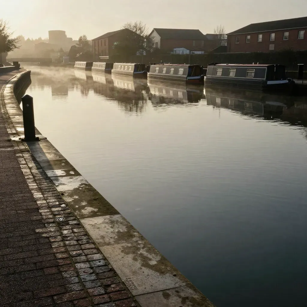 Birmingham canal basin at dawn, skyline reflected in misty still water
