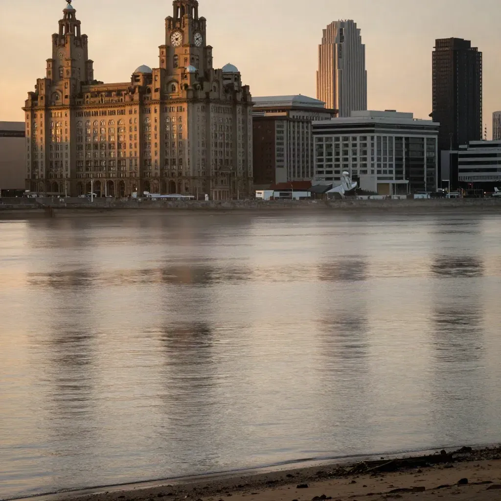 Liverpool waterfront glowing at golden hour, Mersey calm below a hazy historic skyline.