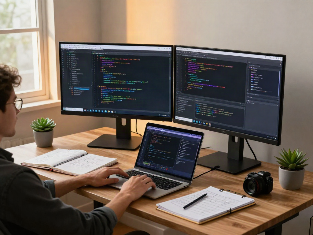 Software developer coding with spicy ai elements on dual monitors in a modern workspace
