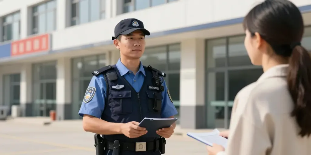 Security guard ensuring safety for a local business in a professional setting.