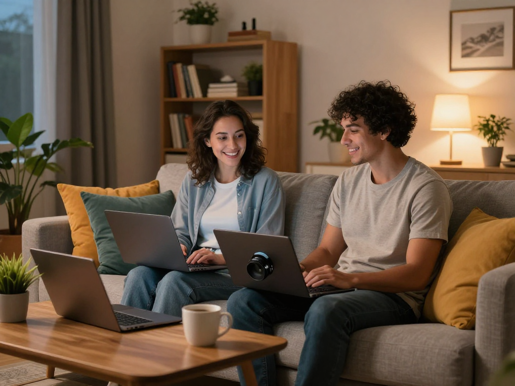 Engaging sexchat conversation in a cozy living room, featuring two individuals on laptops.