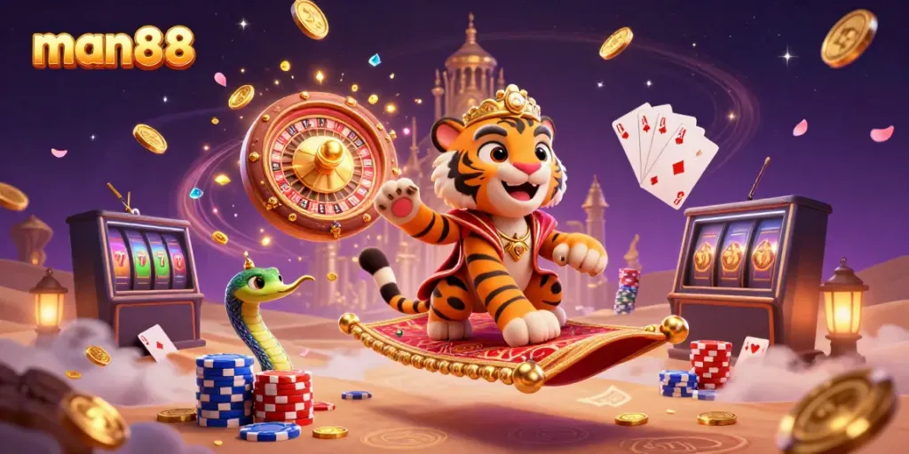 Experience exciting wins at man88 with the tiger sultan, playing cards, and glowing jackpots.