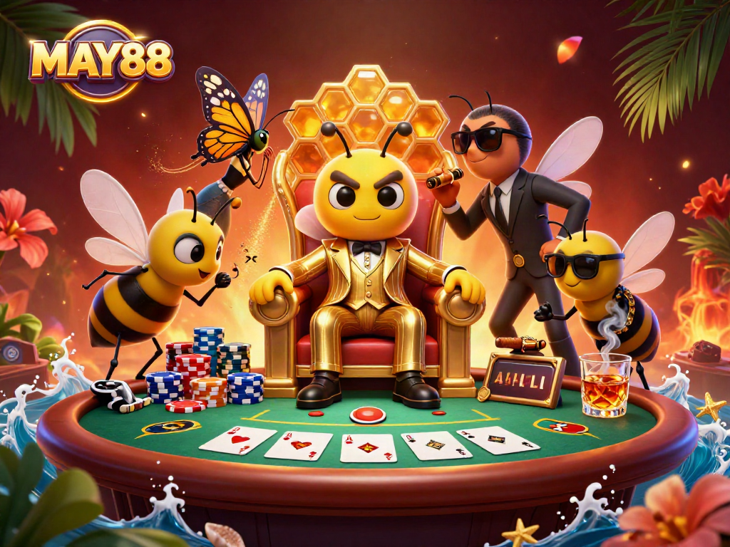 MAY88 attracts players with a vibrant poker scene featuring a playful bumblebee mob boss.