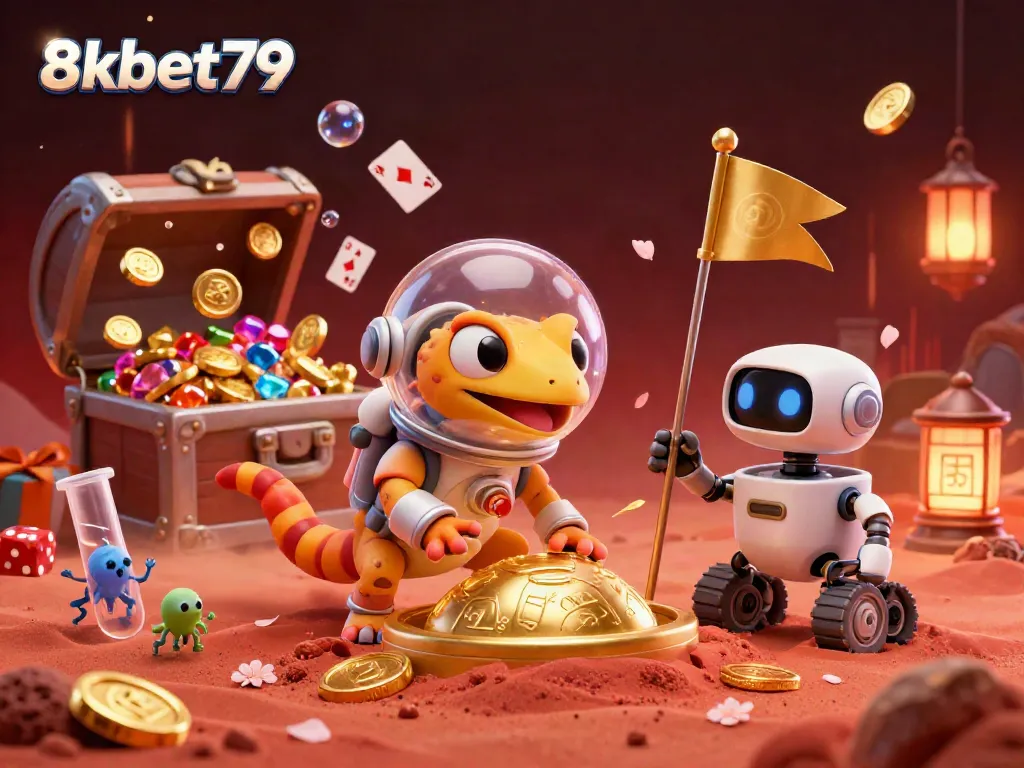 Experience the vibrant world of 8xbet79 with a 3D casino scene featuring a Martian gecko and robot exploring treasure.