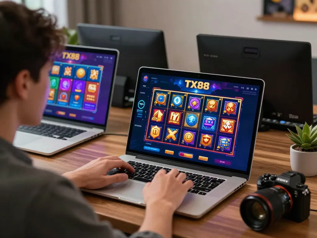 Engaging user on a TX88 gaming platform exploring vibrant slot games, showcasing an immersive online gambling experience.