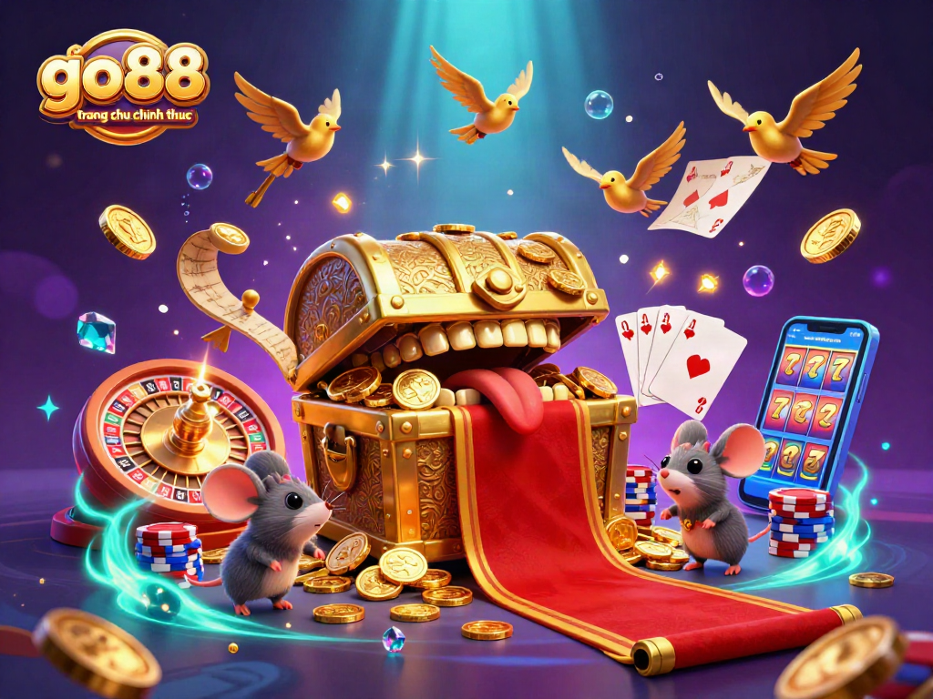 Engage in gaming adventures with go88 trang chu chinh thuc in a vibrant, animated casino scene filled with treasure.