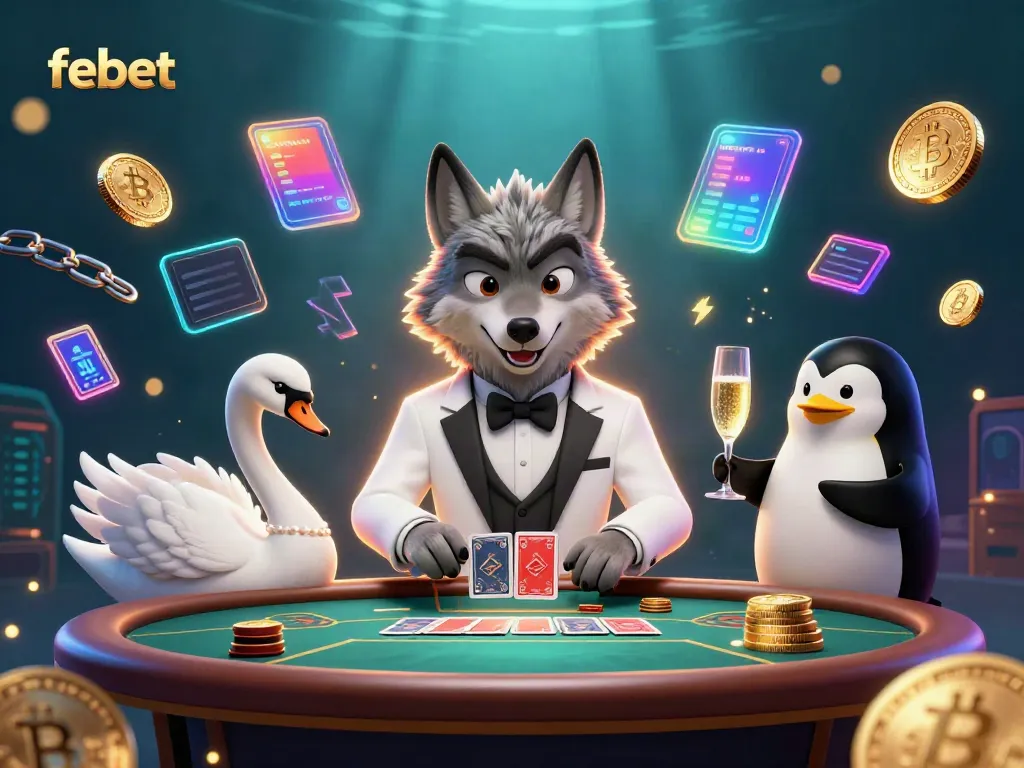 Experience the thrill of febet with a vibrant scene showcasing a wolf, swan, and penguin at a baccarat table.