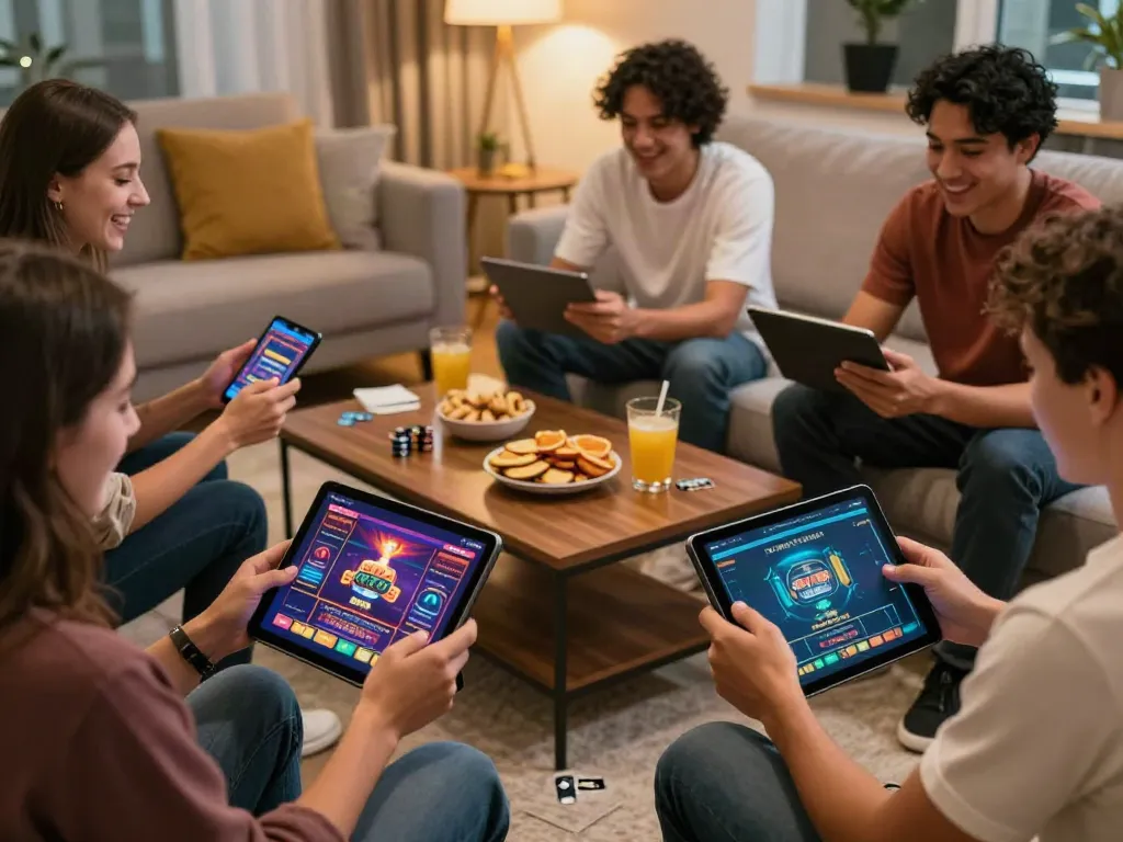 Players engaged in credit card casinos using mobile devices in a cozy casino-themed setting.