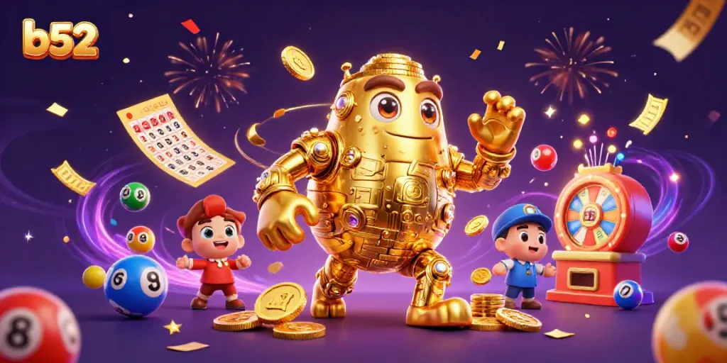 Engage in thrilling gaming experiences at B52 Club with a golden golem and vibrant lottery elements.
