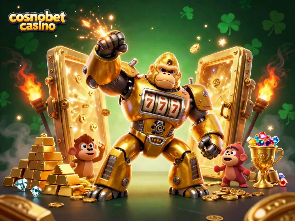 Experience the thrill at cosmobet casino with a vibrant 3D illustration of a golden gorilla mech.