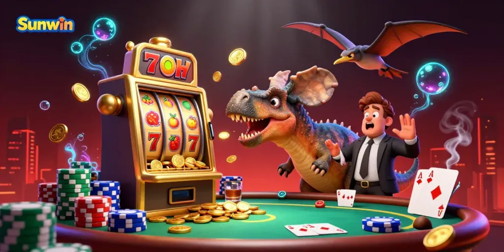 Experience thrilling jackpots at Sunwin with an exciting casino scene featuring dinosaurs and slot machines.