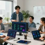 Dynamic team collaborating on AI startups 2026 strategies in a modern workspace.