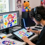 Anime artist immersed in ecchi chat character design surrounded by vibrant sketches and art supplies.