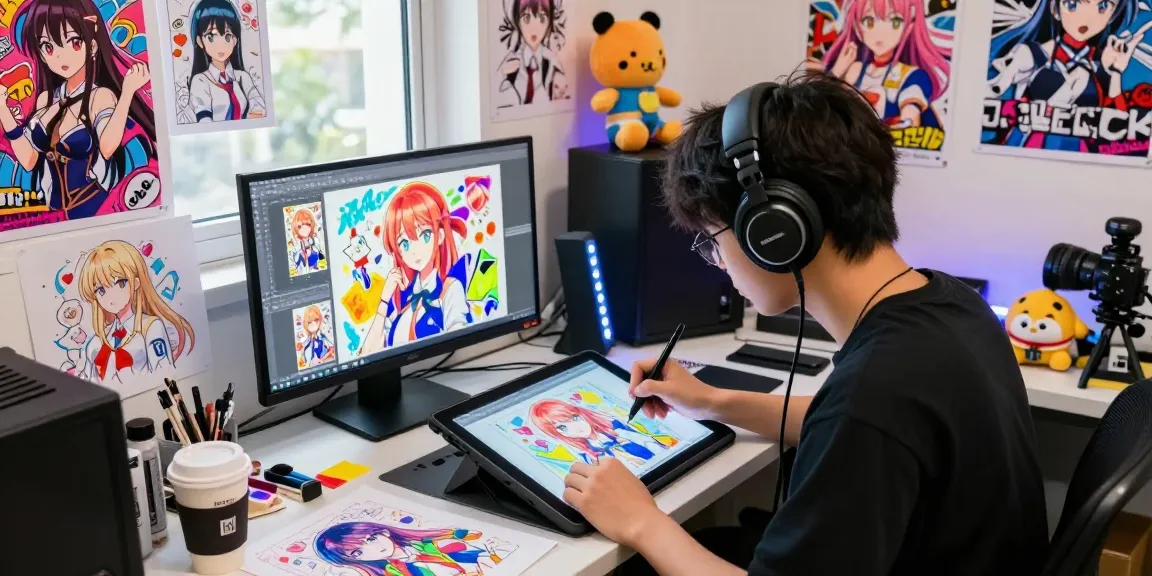 Anime artist immersed in ecchi chat character design surrounded by vibrant sketches and art supplies.