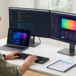 Developer at a workspace using dual monitors for WhatsApp下載 app development, engaging in coding activities with a bright atmosphere.