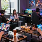 Gamers enjoying ecchigames in a vibrant gaming lounge with multiple devices.