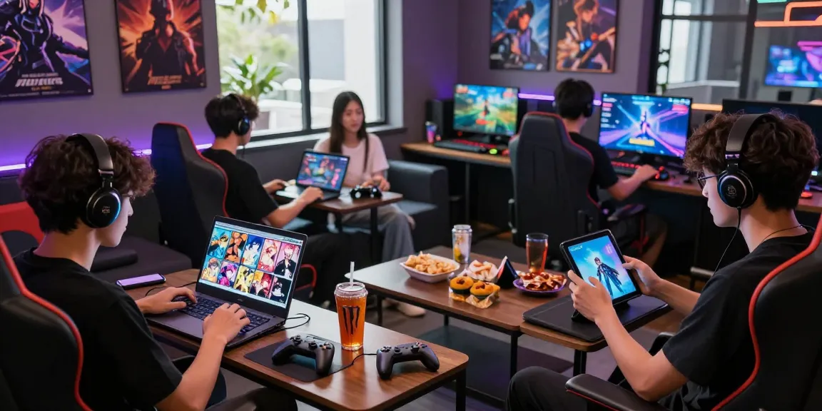 Gamers enjoying ecchigames in a vibrant gaming lounge with multiple devices.