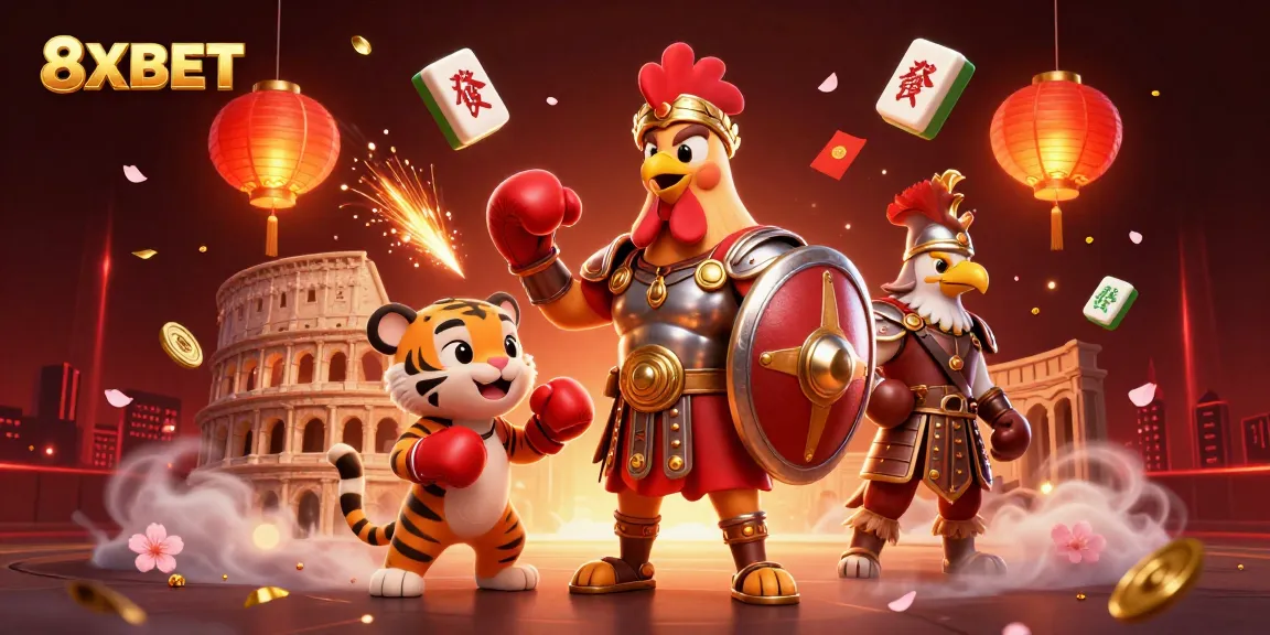 Experience the thrill of 8XBET with a vibrant 3D scene showcasing exciting gambling elements.