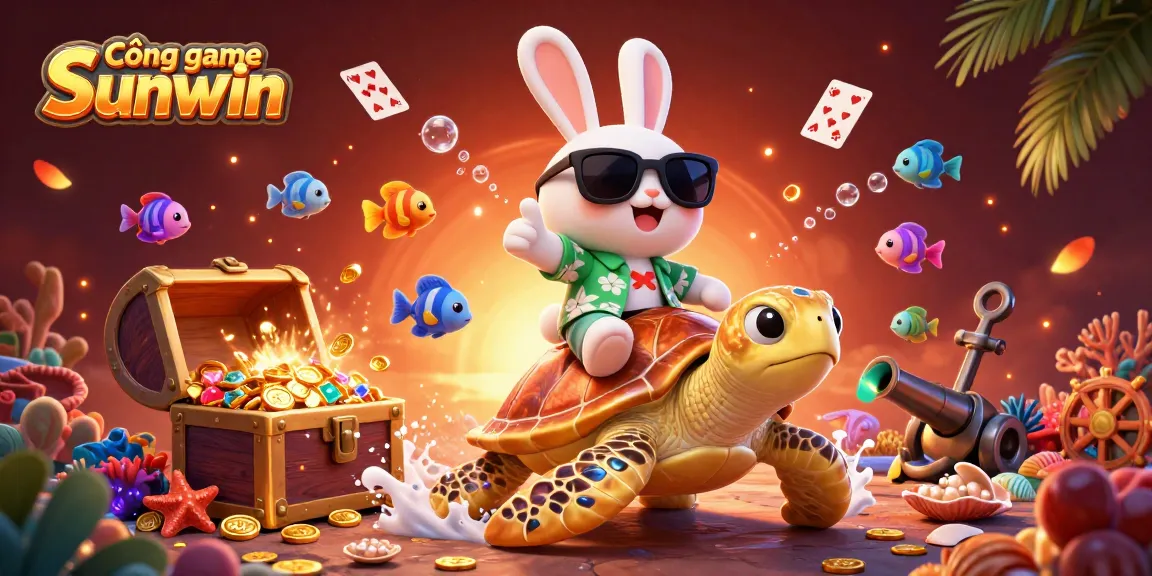 Experience excitement at Cổng game Sunwin with a lucky rabbit, golden turtle, and casino elements in a vibrant underwater scene.