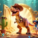 Engaging scene with sunwint1 featuring a T-Rex cowboy and treasure, perfect for casino illustration.