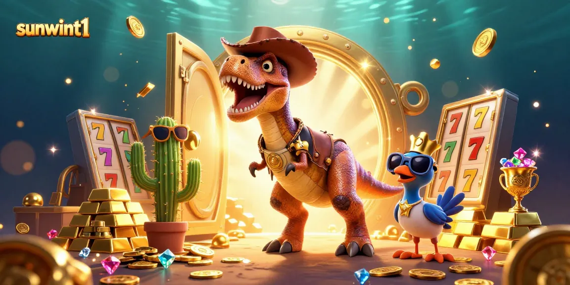 Engaging scene with sunwint1 featuring a T-Rex cowboy and treasure, perfect for casino illustration.