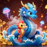 Experience thrilling sunwin adventures with the azure dragon and cute coral knight in a vibrant casino landscape.